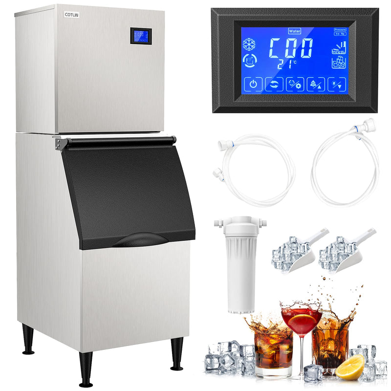 COTLIN 22" 400LBS/24H Adjustable Ice Cube Thickness Air Cooled Stainless Steel Commercial Ice Maker T60A