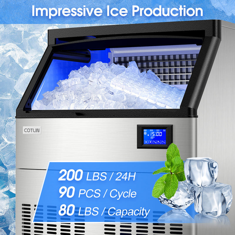 COTLIN 26" 200LBS/24H Air Cooled Freestanding Stainless Steel Undercounter Ice Maker P518A