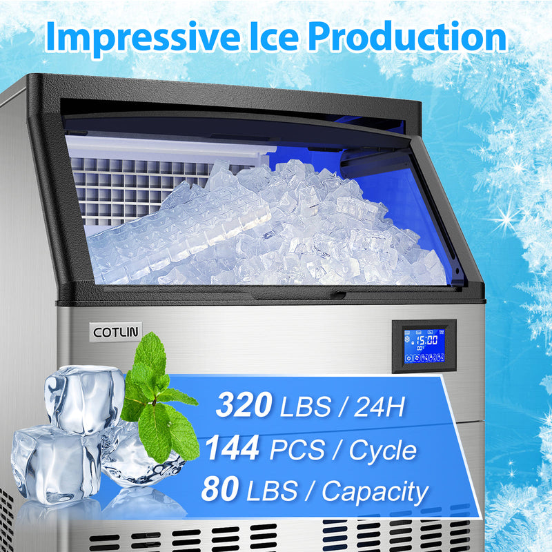 COTLIN 26" 320LBS/24H Air Cooled Freestanding Stainless Steel Undercounter Ice Maker P818A